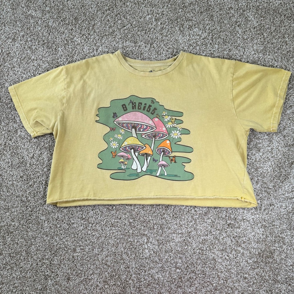 Womens O'neill Size M Yellow Mushroom Baggy Colorful Cotton Crop Top T Shirt